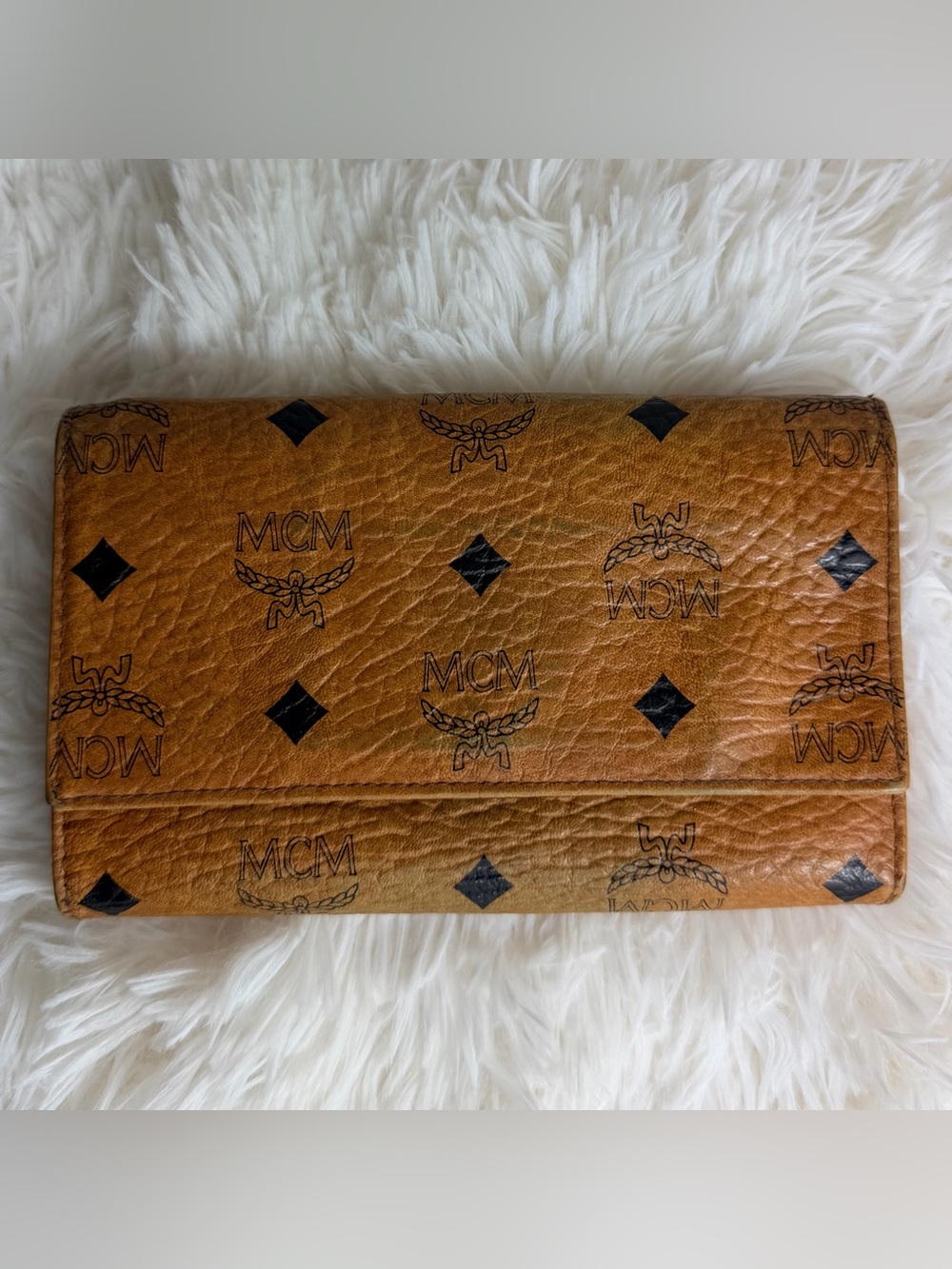 MCM Cognac Visetos Logo Continental Wallet in Tan and Black